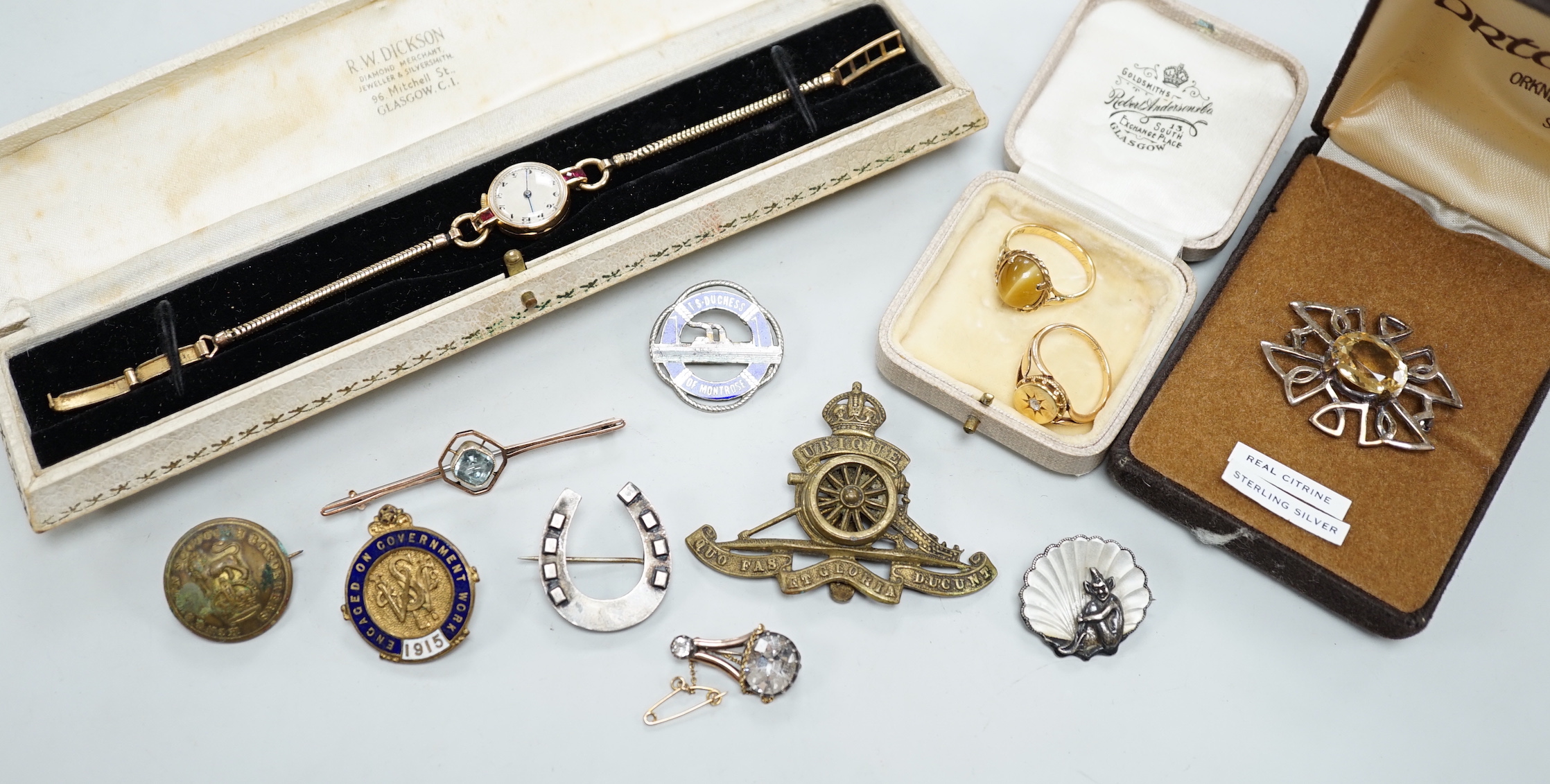 Mixed jewellery etc. including an early 20th century yellow metal and diamond chip set ring, size P, a late Victorian 18ct gold and cat's eye quartz set ring.